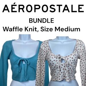Aeropostale Bundle 2 Long Sleeve Waffle Knit Crop Tops Blue and Ivory Floral NWT